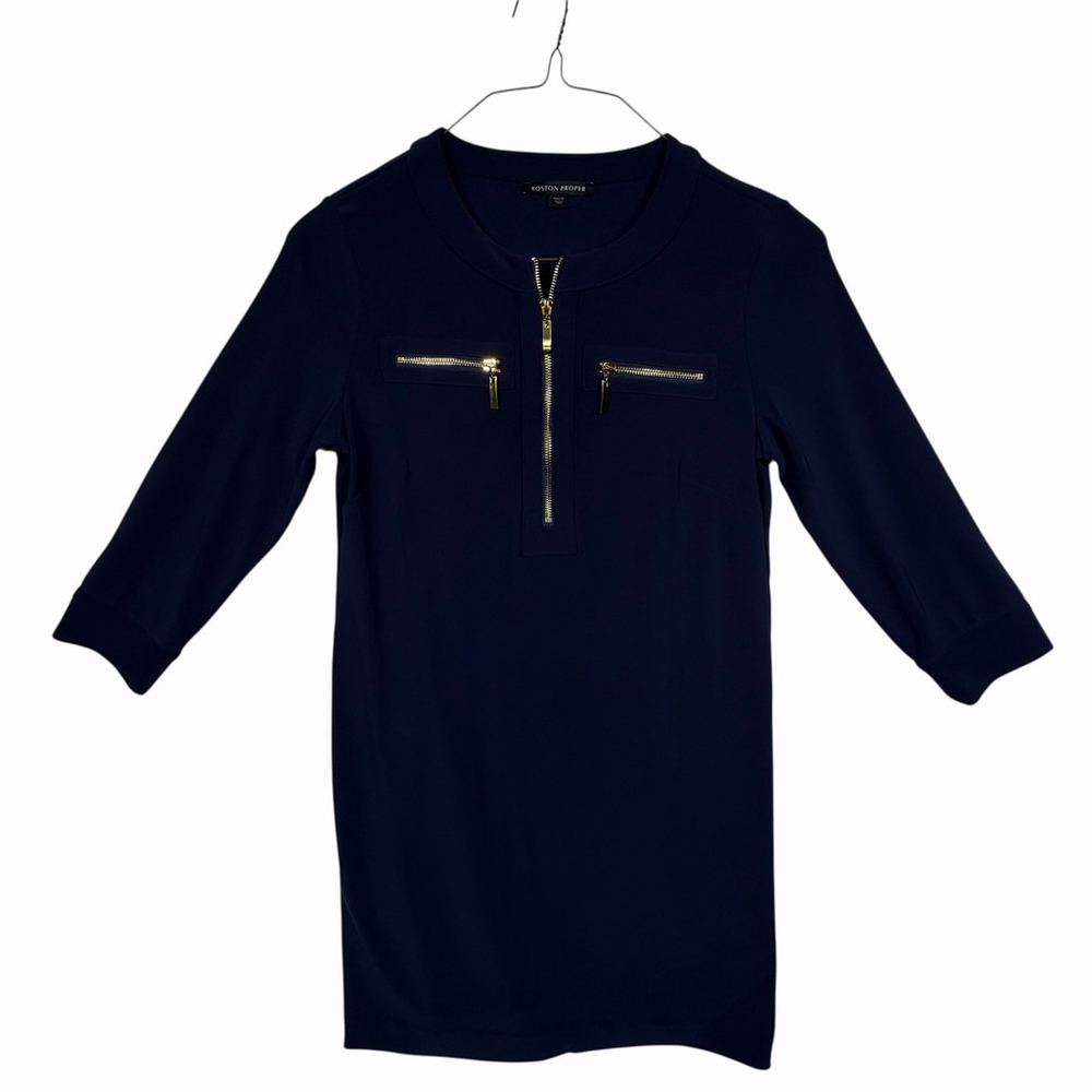 Boston Proper Navy Shift Dress with Gold Zipper Accents